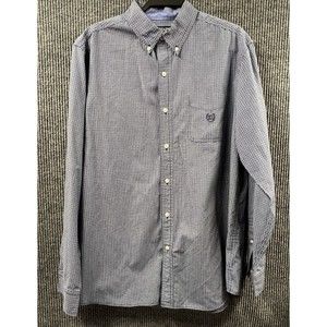 CHAPS Shirt Men Large Blue Gingham Plaid Easy Care Button Down Long‎ Sleeve